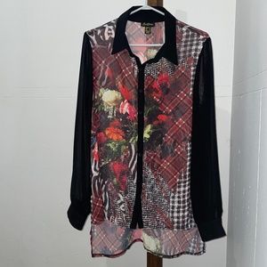 Vintage Cartise Women’s Size 10 sheer long sleeve flowery green and red shirt.